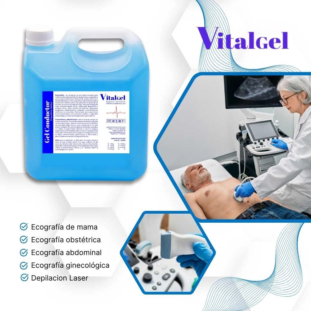 Gel conductor VitalGel para ultrasonido de alta calidad para ecografías en Bogotá, Colombia.